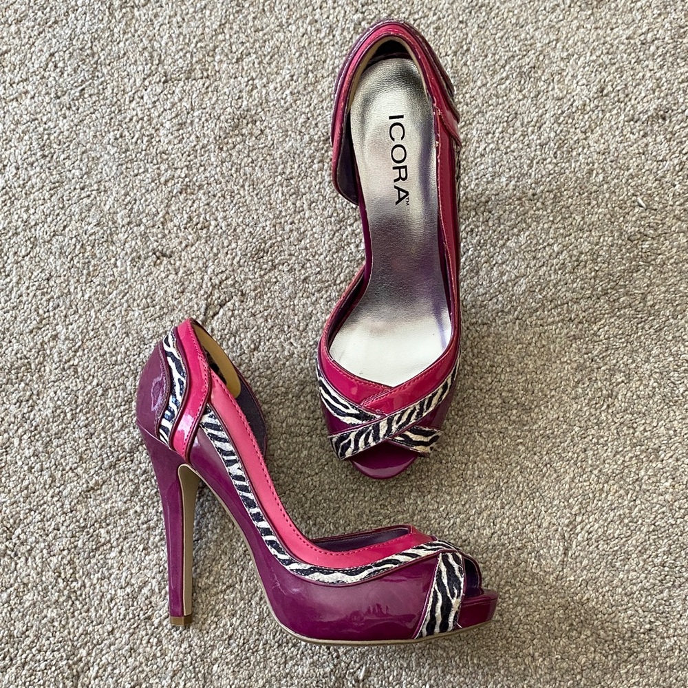 Icora Fuchsia and Zebra print Peep-Toe Heels